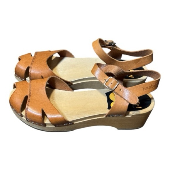 Swedish Hasbeens Brown Leather Wooden Clog Sandals Size 36 – Retro Boho Platform - Picture 3 of 10